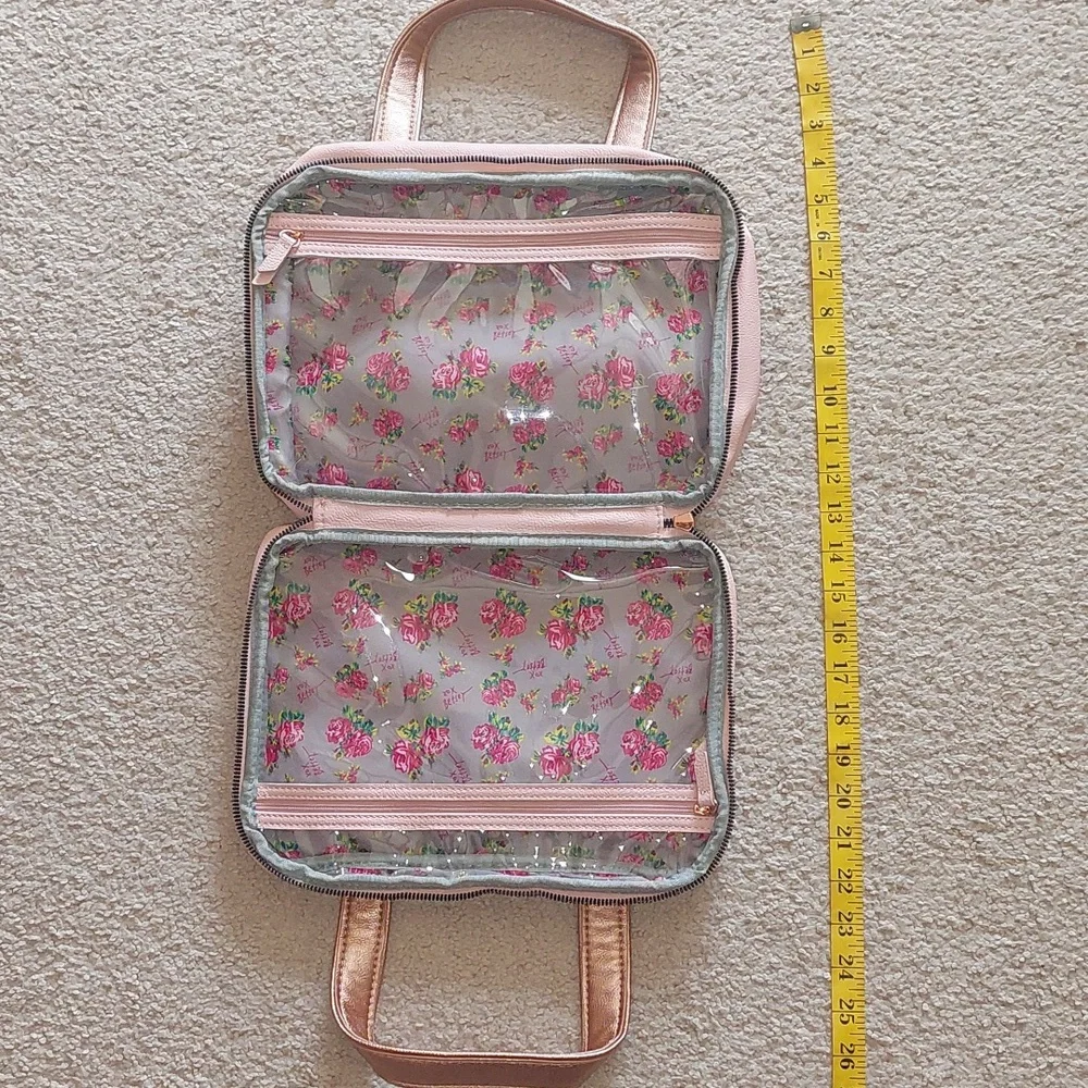Betsey Johnson Pink Rose Gold Floral Bow Travel Cosmetic Bag